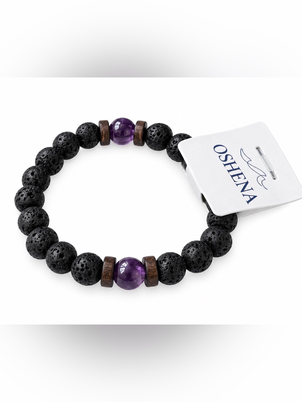 OSHENA Designer Beachwear Lava and Amethyst Bead Bracelet Free jewelry box!